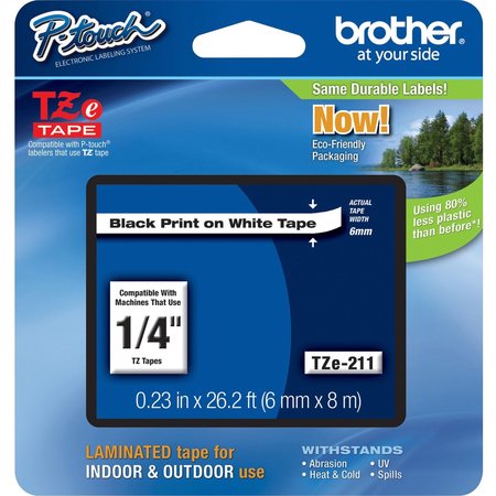 Brother Brother 6mm (1/4") Black on White Laminated Tape (8m/26.2') TZE211